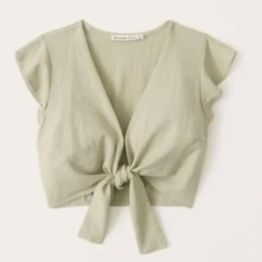 Abercrombie & Fitch Tie-Front Linen Blend Ruffle Sleeve Top
